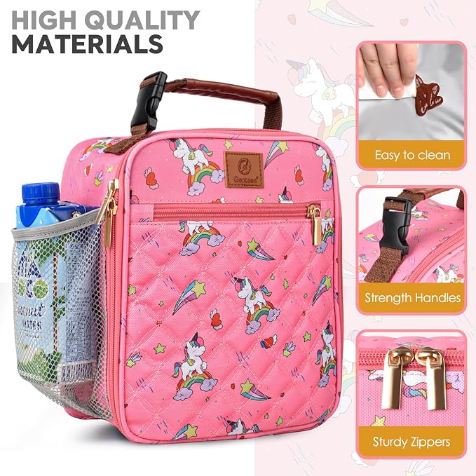 Genteen Kids Lunch Box Insulated Soft Mini Cooler with Bottle Holder, Lightweight Reusable Easy-Clean Lunch bag for Girls, Boys Back to School-Unicon