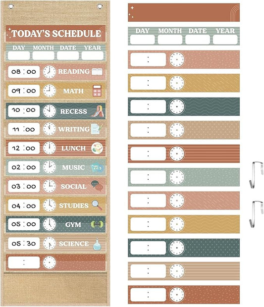 Pasimy Burlap Daily Schedule Pocket Chart with 31 Reusable Cards and 14 Pockets Retro Rainbow Classroom Decor Farmhouse Schedule Charts Decorations for Back to School Office Home Educational Activity