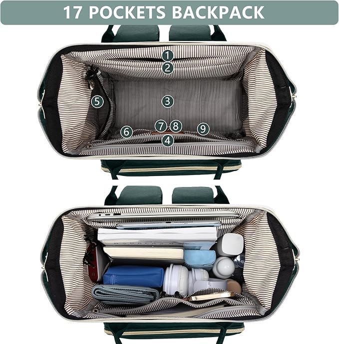 Laptop Backpack Women Work Bag: 15.6 inch Work Bookbag with USB Charging Port Large Travel Backpack Purse for College Nurse Casual Daypack for Teacher Professional Computer Backpack Beige Dark Green