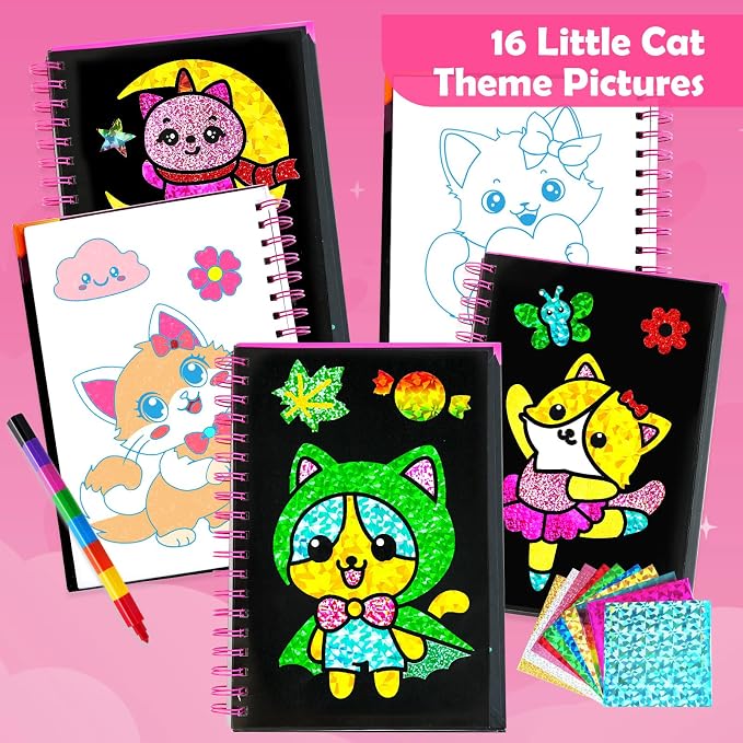 FUNNYB&G Foil Art Craft Kit for Girls 4-10 Years Old: Mess-Free & No-Glue, Create 16 Sparkly Cute Little Cat Pictures – Perfect Travel Toy & Birthday Gift for Kids (Little Cat)