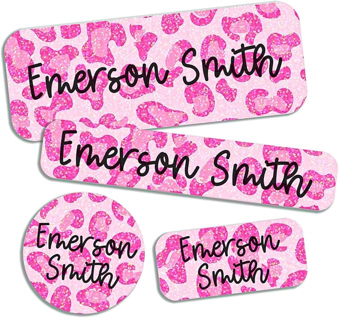 COACO Personalized Kids Name Labels, 90 Holographic Labels, Waterproof, Dishwasher Safe, Ideal for Daycare, Back to School Gift for Kids, Labels for Kids School Supplies (Pink Leopard)