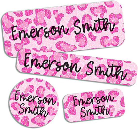 COACO Personalized Kids Name Labels, 90 Holographic Labels, Waterproof, Dishwasher Safe, Ideal for Daycare, Back to School Gift for Kids, Labels for Kids School Supplies (Pink Leopard)
