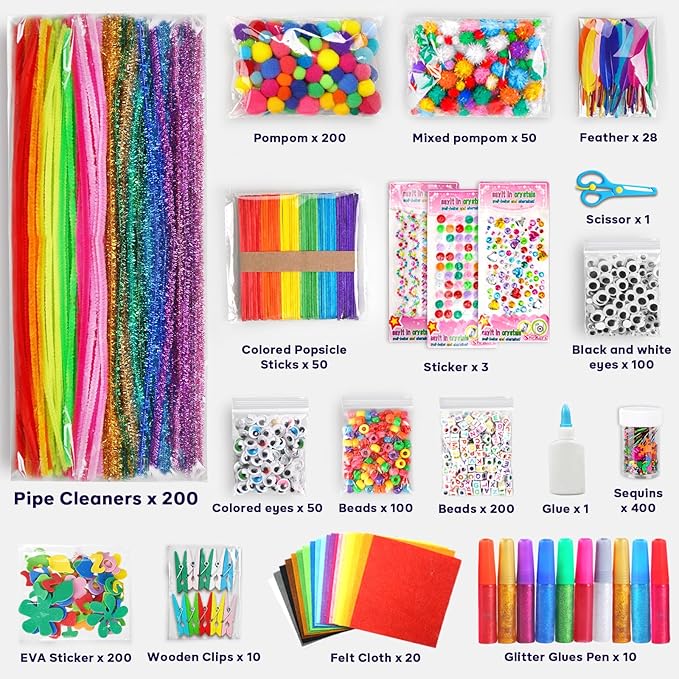 FUNZBO Arts and Crafts Supplies for Kids -Toddlers Craft Kit with Glitter Glue Stick, Pipe Cleaners, Popsicle Sticks, Pompoms & Stickers, Homeschool Supplies, Toys Crafts for Girls Age 4+