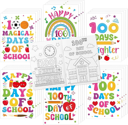 Dvbonike 24Pcs 100 Days of School Coloring Books - Happy 100th Day of School DIY Color-in Pages Cute Pencil Apple Patterns Drawing Booklet Classroom Rewards Art Activity Gifts Party Favors Supplies