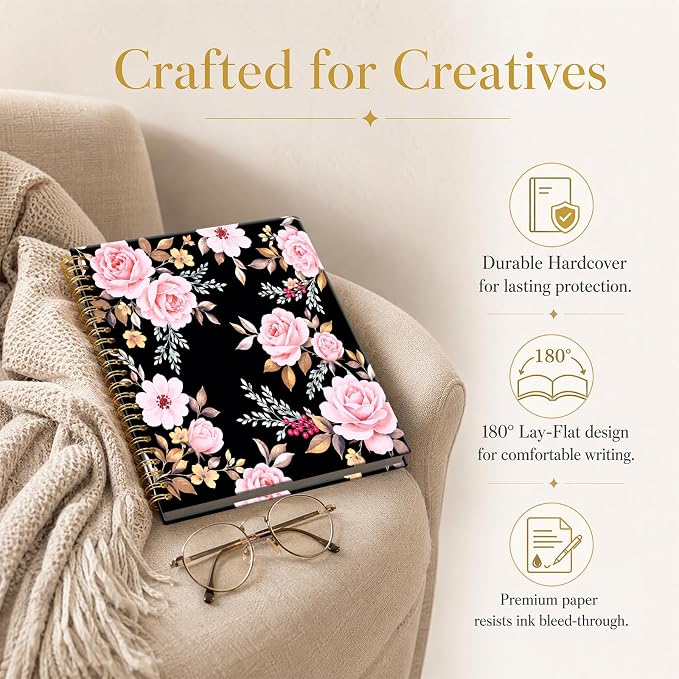 ATJFKIXL Cute Spiral Journal Notebook, A5 120 Page College Ruled Wirebound Notebook, Soft Cover for Students Office Notes and Planning - Black Rose Floral