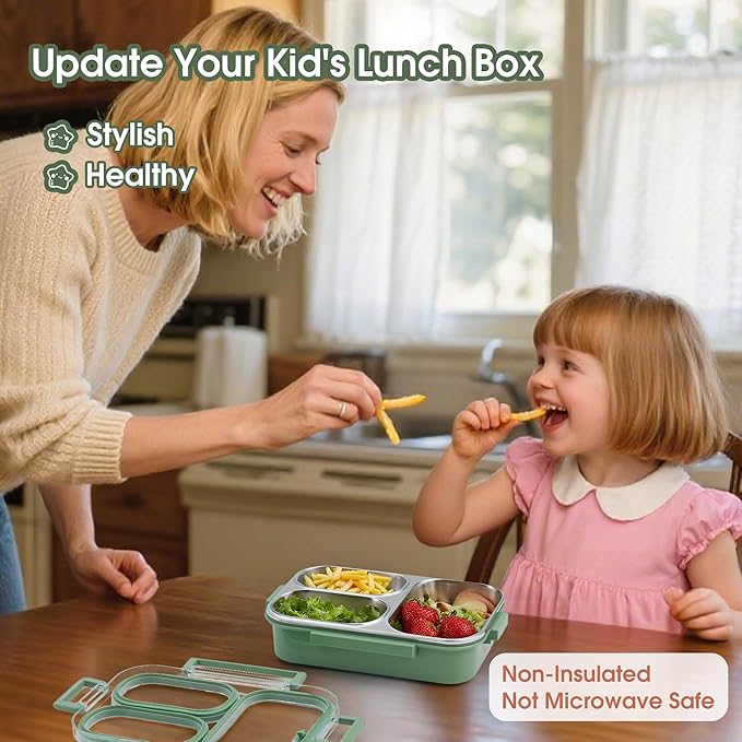 Kabbas Stainless Steel Bento Box Kids & Adults - 25 oz Leakproof Lunch Box with 3 Compartments, Premium 304 Stainless Steel Lunch Box for Kids, Dishwasher Safe, Suitable for School, Office, Outside