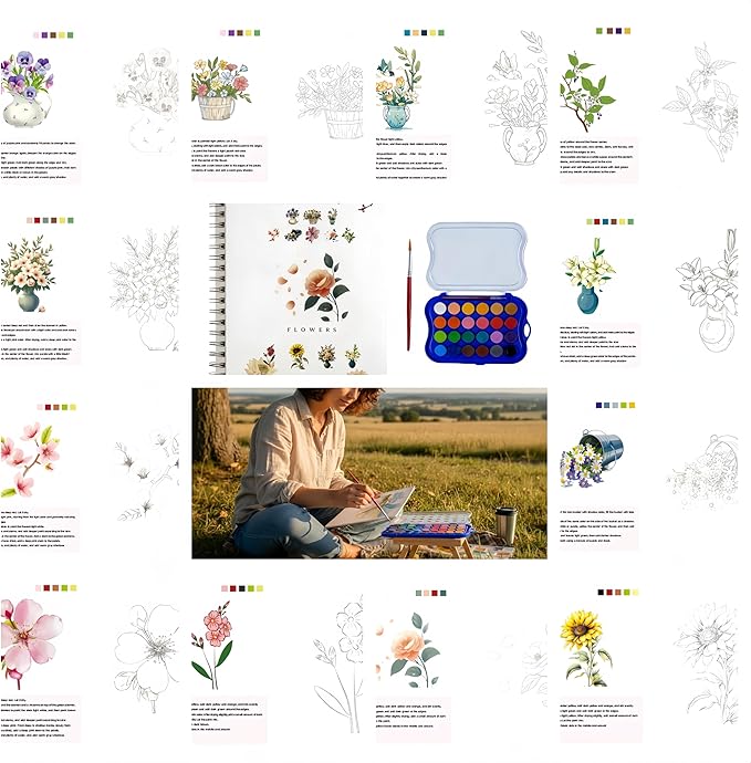 24 Colors Watercolor Book with Paint，Beginner Watercolor Workbook Kit, Watercolors Workbook (Flowers - No Paint)