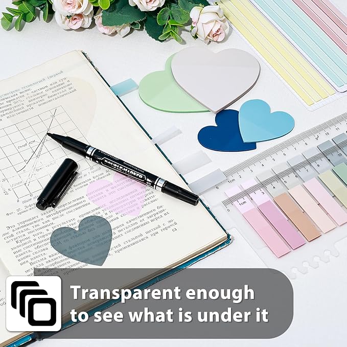 870 Sheets Transparent Sticky Notes, Clear 3 x 3 Heart Sticky Notes with Marker, Waterproof Translucent Annotation Index Tabs for Bible Study Journaling Supplies