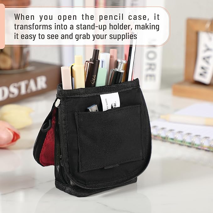 Mr. Pen- Standing Pencil Case Pouch, Sit & Lay Mesh-View Design, Black & Red, Interior Pocket & 2 Elastic Binder Loops, Cute Pencil Case for Girls and Boys