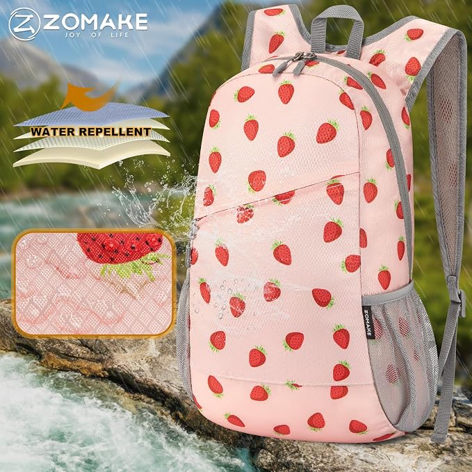 ZOMAKE Lightweight Packable Backpack 20L, Foldable Small Daypack for Hiking | Water Resistant Backpacks Day Bag for Travel Outdoor Camping Sport, Everyday Carry, Multiple Pockets(Strawberry Print)