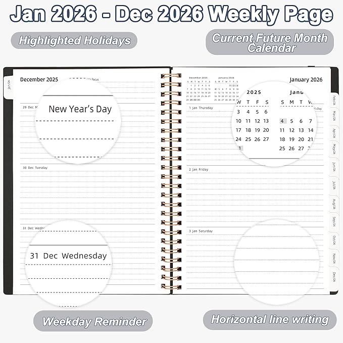 2026 Daily Planner, Jan.2026-Dec.2026, 6.2" x 8.4", 2026 Planner Weekly and Monthly, Calendar Planner 2026 with Tabs & Pocket, 100GSM Thick Paper, Black