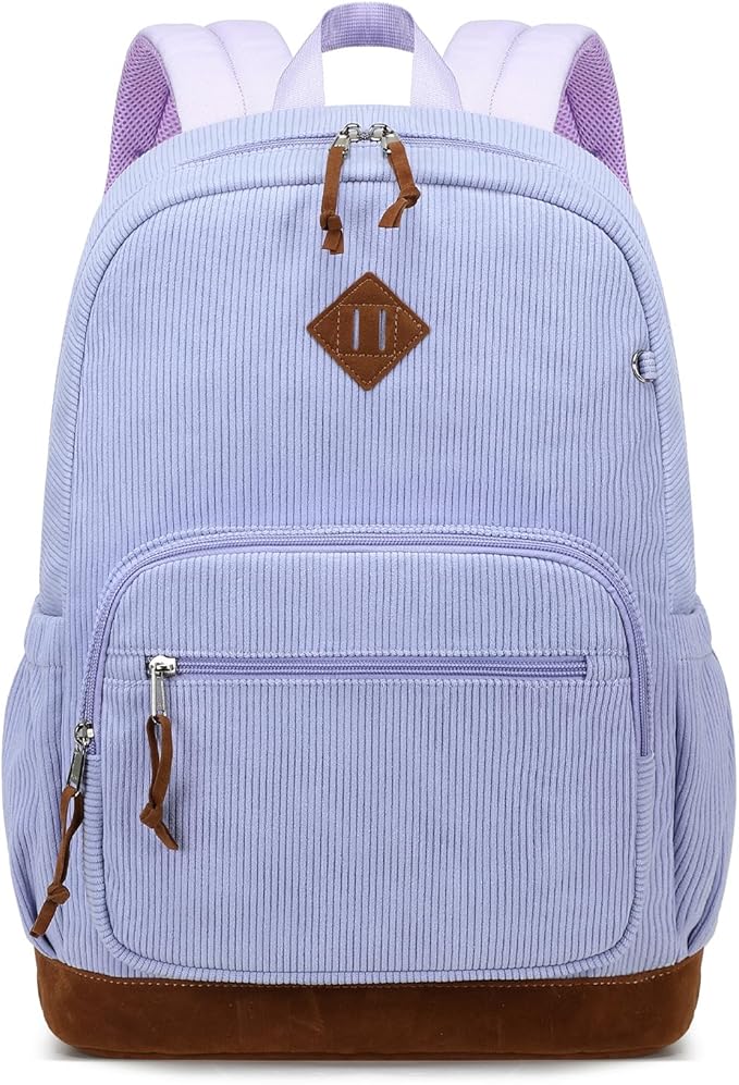 mygreen Corduroy School Backpack for Teens Girls & Boys, Vintage Lightweight Laptop Bag with Padded Sleeve, Large Capacity Water-Resistant Bookbag for College, High School, and Daily Use Purple