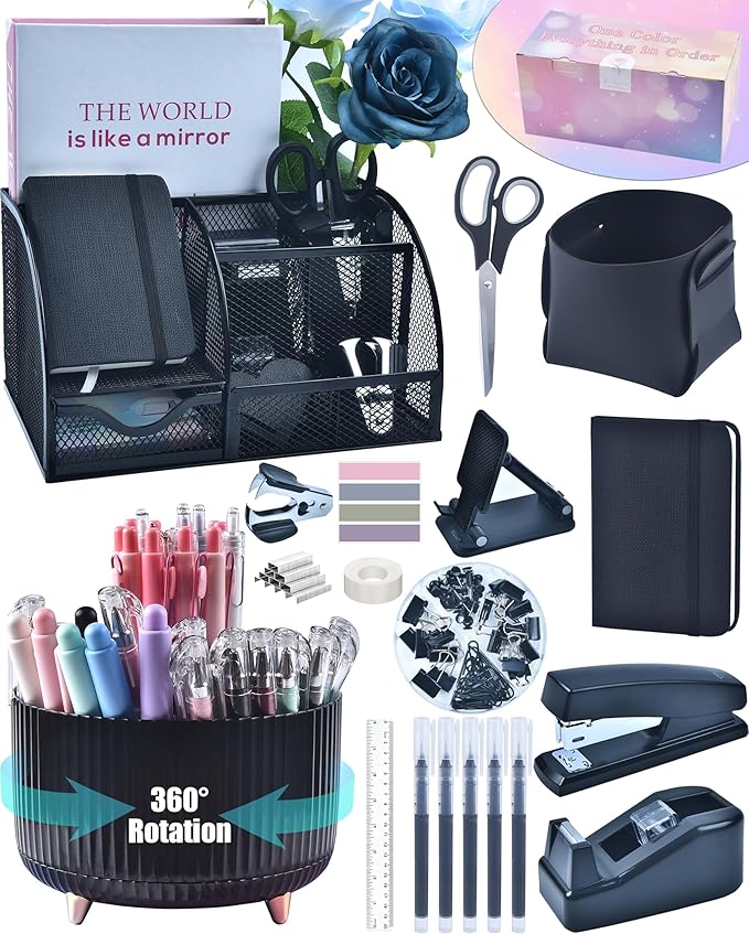20Pcs Black Desk Organizers and Accessories With Mesh Desk Organizer and 360°Rotating Pen Holder and a Lot of Office Black Office Supplies Beautifully Presented in a Gift Box