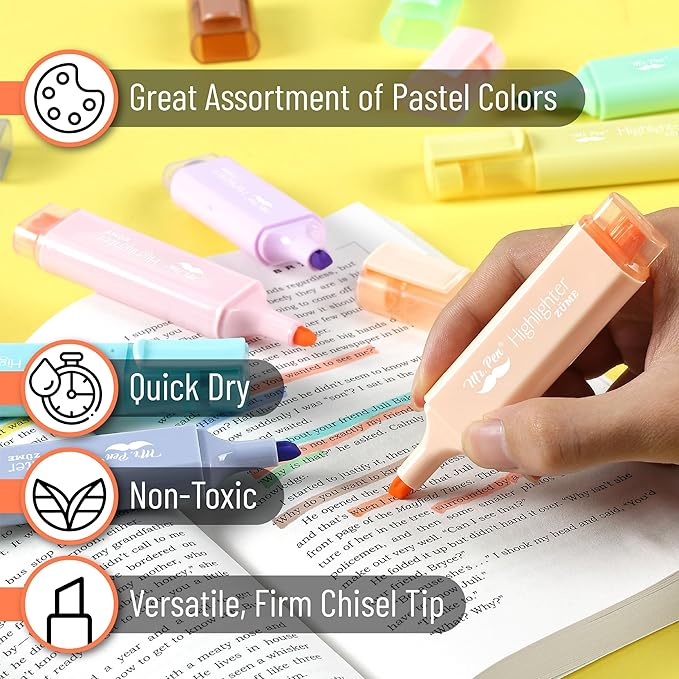Mr. Pen- Pastel Highlighters, 8 Pack, Highlighters with Firm Chisel Tip, Quick Dry & Non-Toxic, No Bleed on Standard Paper, Ideal for Highlighting, Underlining, Journaling & Coloring