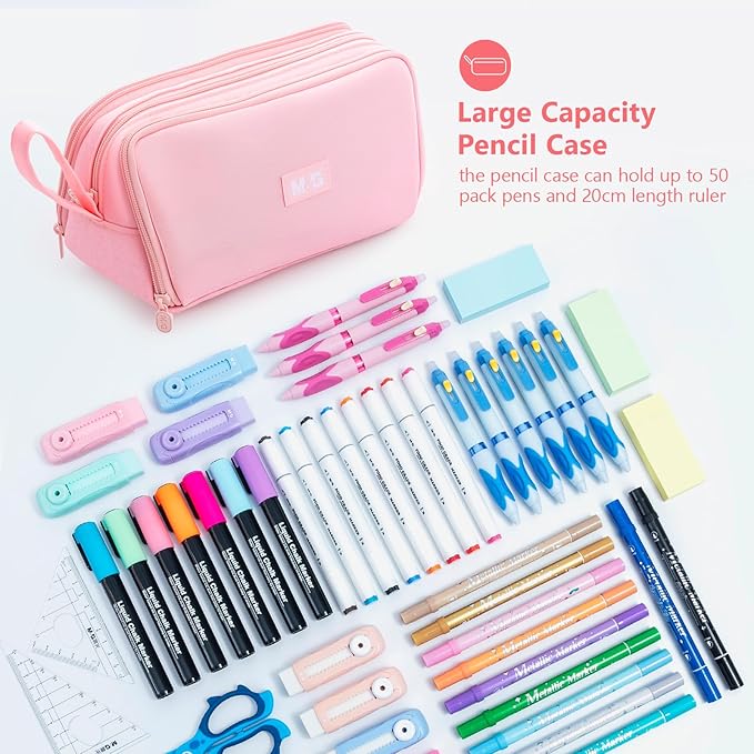 M&G Large Pencil Case, Big Capacity Pencil Pouch with 3-layer Compartment, Portable Handheld Pencil Bag, Cute School Stationery Organizer for Boys Girls Men Women, Ideal for Office School, Pink
