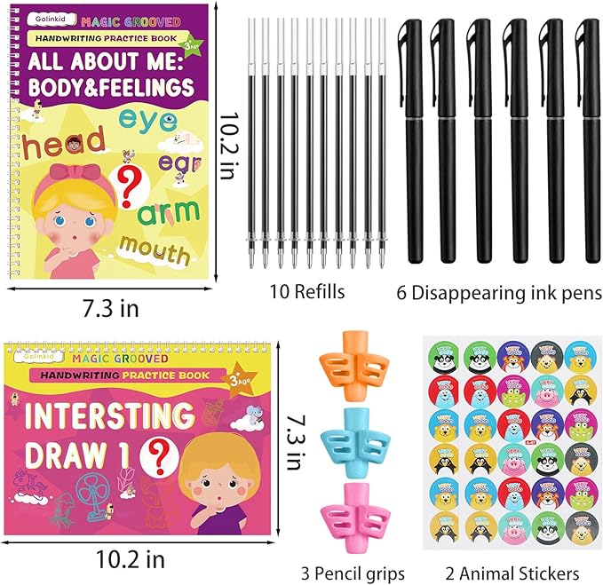 Golinkid Magic Grooved Writing Practice, grooved Handwriting Practice for Kids 8 Books, Preschool workbook for Ages 3-10 with 6 Magic pens 10 Ink Refills, 3 Pencil Grips for Kids Handwriting