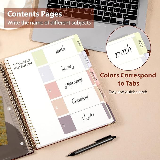 Yoment Hardcover Spiral Notebook 8.5" x 11" Leather 5 Subject Notebook College Ruled with Dividers Tabs 300 Pages Large Spiral Journal Notebooks for Work School Note-Taking Business, Brown