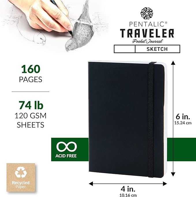 Pentalic 4" x 6" Pocket Sketchbook Traveler Journal, 160 Pages, Black