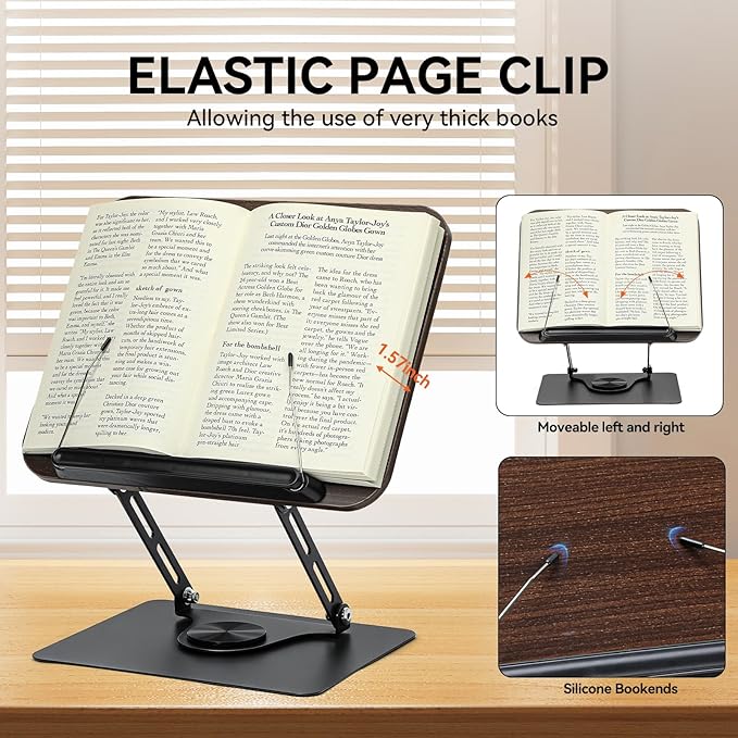 360° Rotating Book Stand for Reading, Adjustable Foldable Book Holder for Reading, Cooking, Office, Compatible with Cookbooks, Textbooks, Tablets, Sheet Music, and Laptops (Black Walnut)
