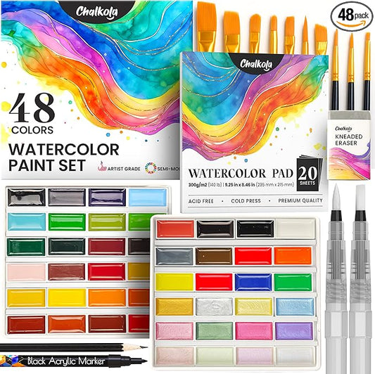 Chalkola Professional Watercolor Paint Set - 48 Semi Moist Water Colors Paint Adult Set, XL Pans | With Painting Brushes, Water Color Pad & Art Supplies | Suitable for Adults, Kids, Beginner & Artists