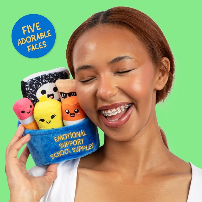 Emotional Support School Supplies Plush by Relatable - Cute Stuffed Animals and Squishy Toys, Fun Back to School Gifts for All Ages and Teacher Gifts - Includes 5 Plushies with Carrying Basket