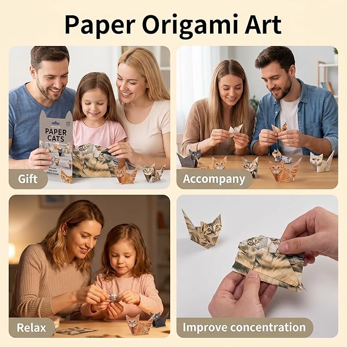 3D DIY Origami Cat Kit for Adults & Teens – 50 Cute Paper Cats to Fold, Relaxing Paper Craft Kit for Cat Lovers, No Glue or Scissors Needed