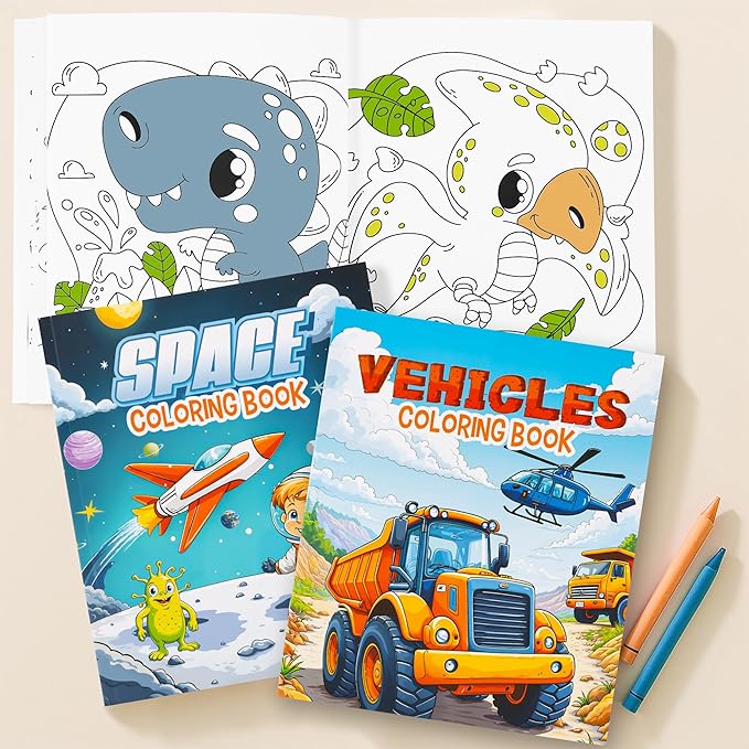 ZICOTO Fun Coloring Books for Kids Set of 3 – Exciting Dinosaur, Space & Trucks Coloring Book for Boys Ages 4–8 – Easy to Color Gift for Your Creative Little One