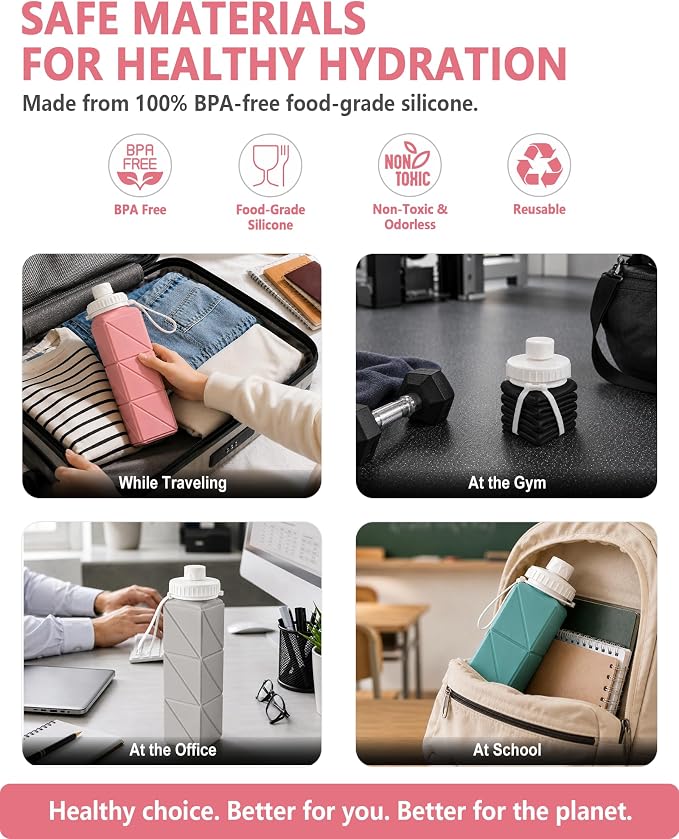 BEAUTAIL Collapsible Water Bottles 21oz/610mL, Silicone Travel Water Bottle | BPA Free, Leakproof & Reusable, Foldable Water Bottle for Traveling, Hiking, Cycling, Gym, School, Sports, Outdoor, 5-Pack