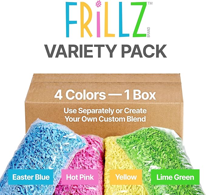 FRILLZ by DECOfill™ Easter Grass Variety Pack - 4 Colors - Crinkle Cut Paper - Basket Filler - Green, Blue, Hot Pink, Yellow- Recycled Material - Non-Toxic Dyes - 25 oz Total - Made with US materials