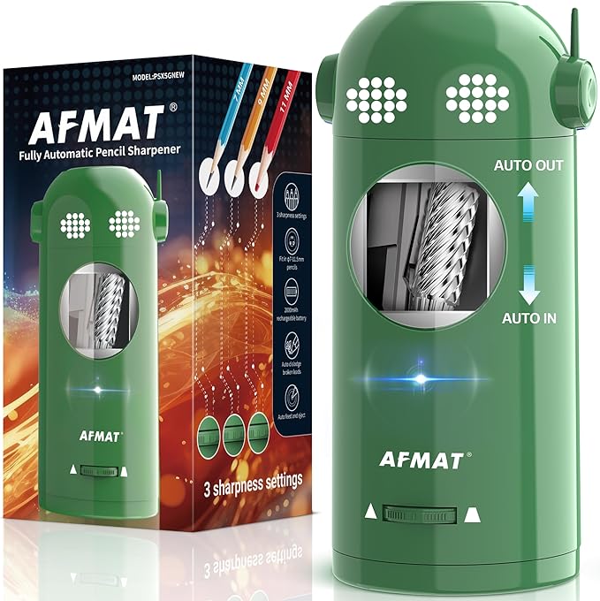 AFMAT Electric Pencil Sharpener Fully Automatic, Colored Pencil Sharpeners for 7-11.5mm Pencils, Rechargeable Hands-Free Robot Sharpener for Classroom, Home, Office, Battery Operated, PSX5EW, Green