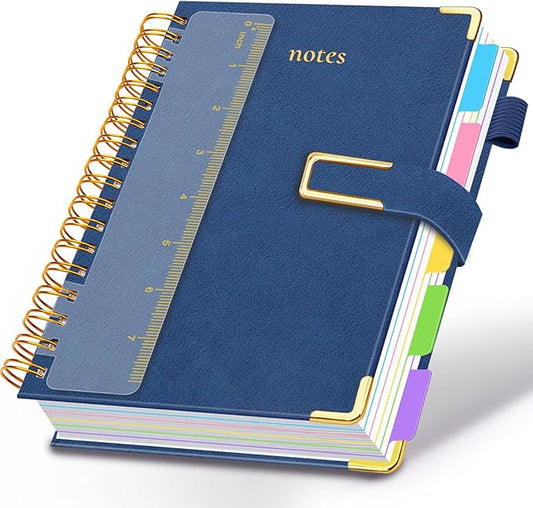 Hardcover Spiral Notebook College Ruled, 6.2"x 8.2" Leather Journal Notebook with Magnetic Closure, 300 Pages 5 Subject Notebook with Dividers Tabs Journal for Women Men, Work, School(Dark Blue)