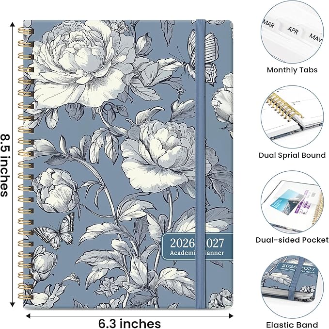 Planner 2026-2027, Hardcover Monthly and Weekly Academic Planner July 2026 - June 2027, Teacher and Student Calendar Agenda Book with Tabs, A5 (6.3" x 8.5"), Ideal for School and Office, Butterfly Peony