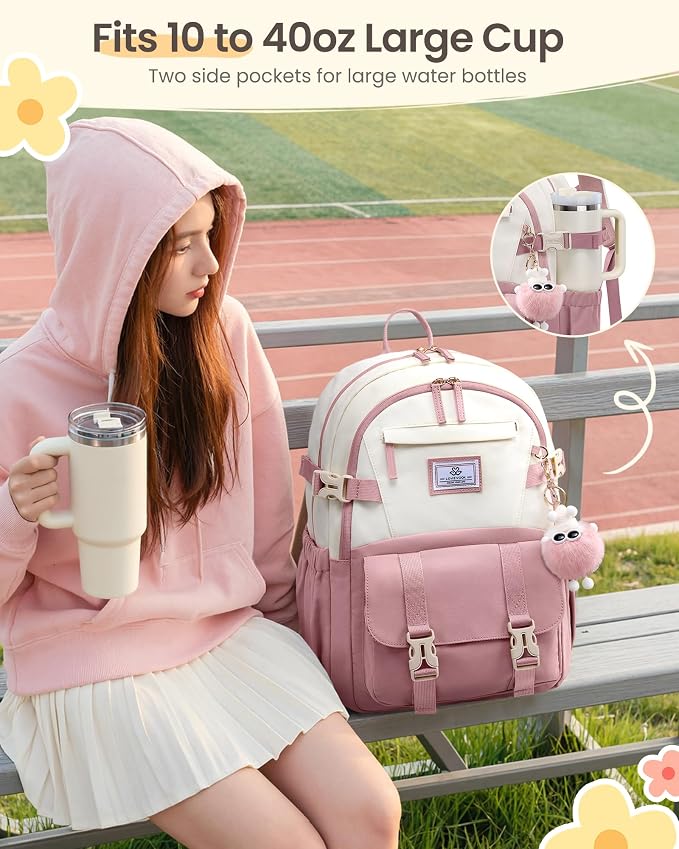 LOVEVOOK School Backpack for Teen Girls, Bookbag for 8-16 Student, Middle High College Back to School Cute Kids Backpack, 17.3 Inch, Pink-beige