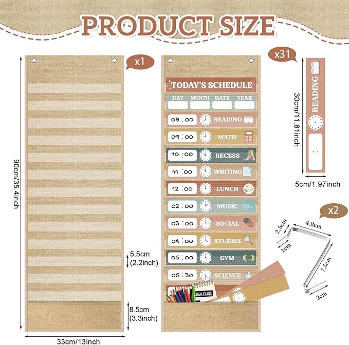 Pasimy Burlap Daily Schedule Pocket Chart with 31 Reusable Cards and 14 Pockets Retro Rainbow Classroom Decor Farmhouse Schedule Charts Decorations for Back to School Office Home Educational Activity