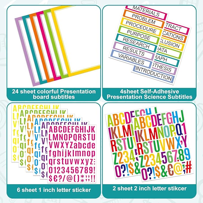 PerKoop 36 Sheets Science Fair Board Poster Boards Supplies 24 Self Adhesive Presentation Subtitles 4 Science Fair Project Titles 8 Personalized Letter Sticker for Classroom(Neon Color)
