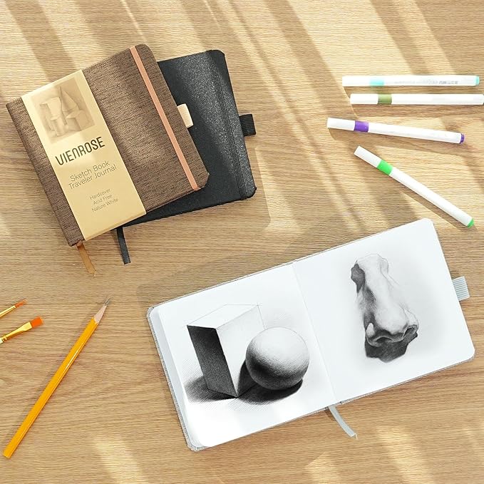 Vienrose 5.5"x5.5" Sketch Books, Linen Cover Hardbound Sketching Book with Acid-Free Paper, Drawing Pad for Kids, Beginners & Professionals, Art Supplies for Adults & Students(Black, 60 Sheets)