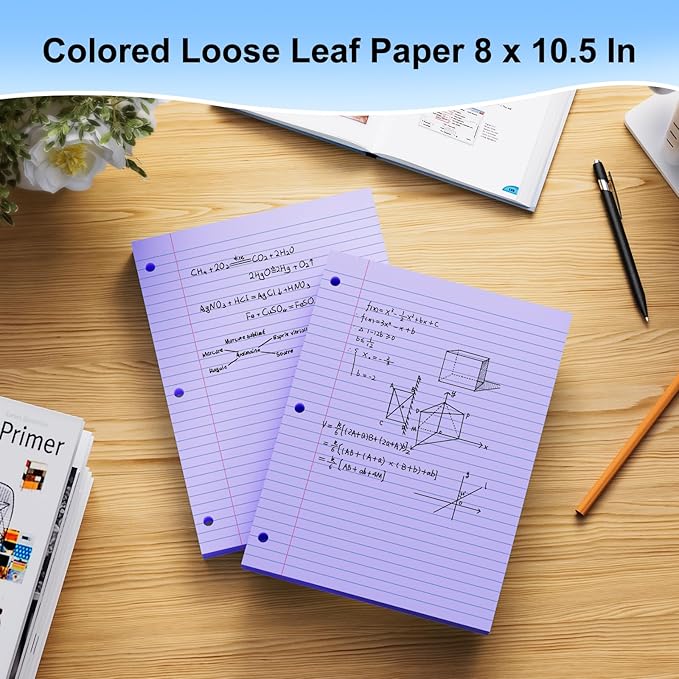 Purple Loose Leaf Paper 100 Sheets 8" x 10.5" Filler Paper, College Ruled 3-Hole Punched, Notebook Paper for 3-Ring Binders Notepad Writing Note Pads To-Do Lists for Office & School Supplies