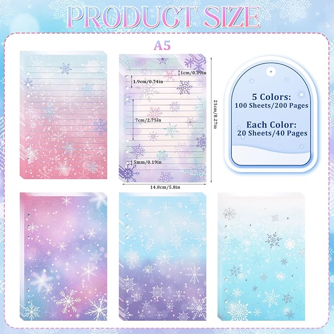 100 Sheets Snowflake A5 Planner Inserts - 120GSM Thick Ice Princess Refill Paper for A5 6-Ring Binder, Magic 6 Hole Loose Leaf Sheets for Journal Diary Notebook Budget Creative Planning Christmas
