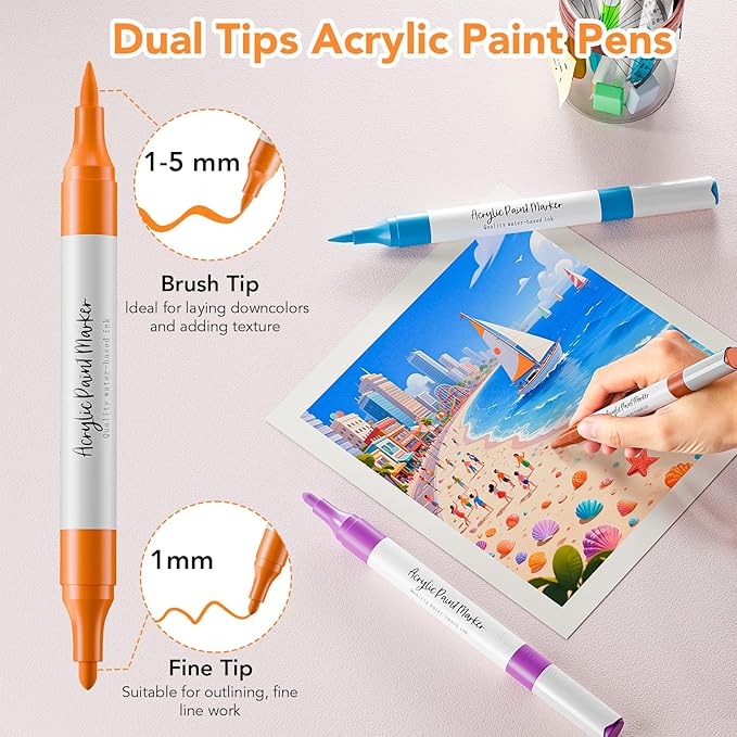 WELLOKB 80 Colors Dual Tip Acrylic Paint Markers, Fabric Markers, Brush Tip Permanent Acrylic Paint Pens for Wood, Glass, Rocks, Paper, Coloring book,Ceramic,DIY Crafts for Adults