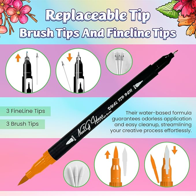 Dual Tip Brush Art Marker Pens, 80 Unique Color, Water-Based Ink, Fineliner & Brush Tip Pens for Arts Lover Adults, Coloring Drawing Book, Calligraphy Writing, Sketching and Doodling