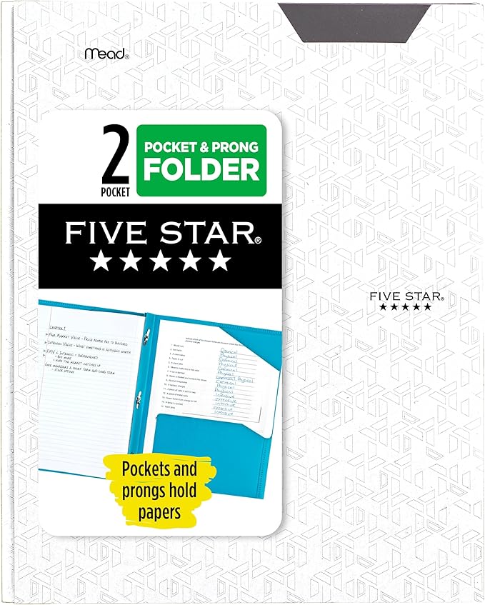 Five Star 2-Pocket Folder, Plastic Folder with Stay-Put Tabs and Prong Fasteners, Holds 8-1/2" x 11" Paper, White (72494)