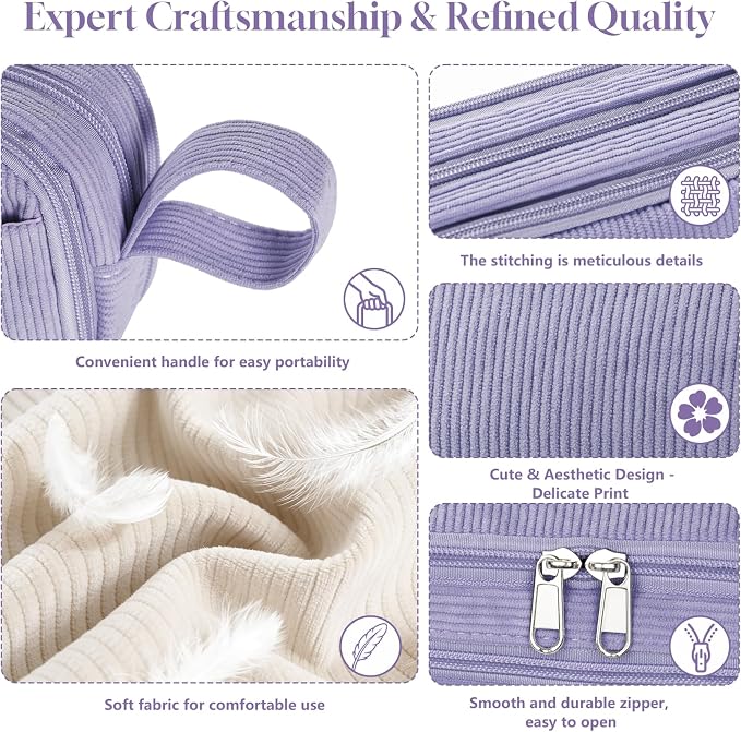 TESAFNG Corduroy Pencil Case, Large Capacity Pencil Pouch with 4 Compartments, Cute Soft Aesthetic Stationery Pen Bag Organizer with Zipper, Portable School Supplies for Teen and Adult Girls, Purple