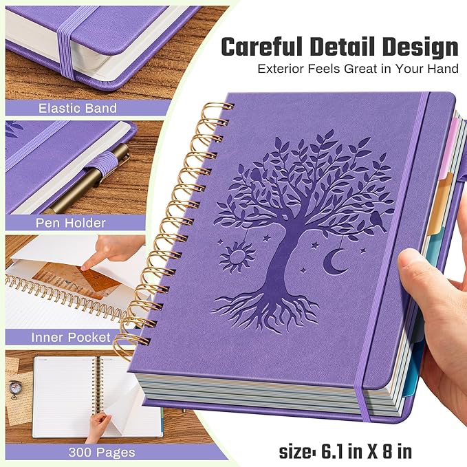 Ovesmusl Hardcover Spiral Notebook 6.1" x 8.4" with 5 Removable Dividers 300 Pages Leather 5 Subject Notebook College Ruled 100GSM Large Spiral Notebooks for Work Thick Lined Journal for Women, Purple