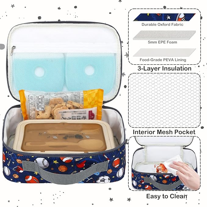 FlowFly Kids Lunch box Insulated Soft Bag Mini Cooler Back to School Thermal Meal Tote Kit for Girls, Boys,Football