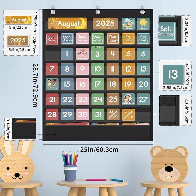 Yoink 49 Pockets Classroom Calendar Pocket Chart with 77 Cards, Daily Monthly Learning Calendar for Circle Time Weather Seasons, Preschool Kindergarten Homeschool Must Have, Teacher Supplies (Black)