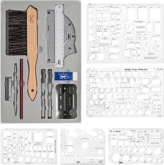 Mr. Pen- Professional Drafting Tools & Geometry Set with Case, 17 pcs, Mechanical Pencil, Fineliners, Scale Metal Ruler, Drawing Templates for Interior Design House Plan, Architect Protractor Set
