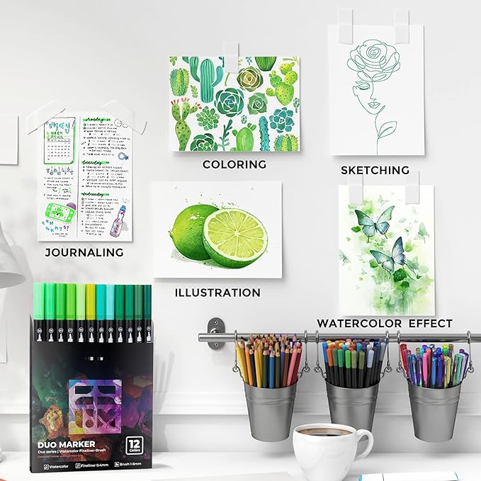 ZSCM Green Duo Tip Marker Pens, 12 Pack Fine & Brush Markers for Adult Coloring Books No Bleeding, Nature Green Markers for Foliage, Landscape Drawings, Botanical Illustrations and Eco Designs
