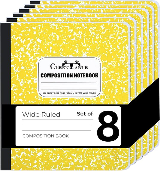 CLEENTABLE Composition Notebook 8 Pack, Wide Ruled Paper, Marble Cover Notebooks for School, 9.75 x 7.5 Inches, 100 Sheets (200 Pages), Sewn Binding Comp Books, Yellow