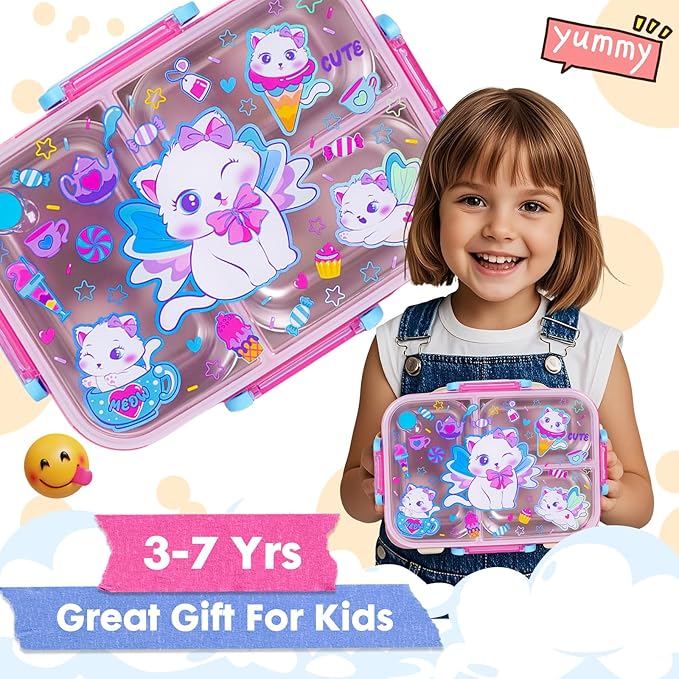 Stainless Steel Bento Lunch Box for Kids, 800ml/27oz BPA-Free Leak-Proof Food Containers with 3 Compartments, Freezer & Dishwasher Safe, Back to School Students Lunches Size for Ages 3-7