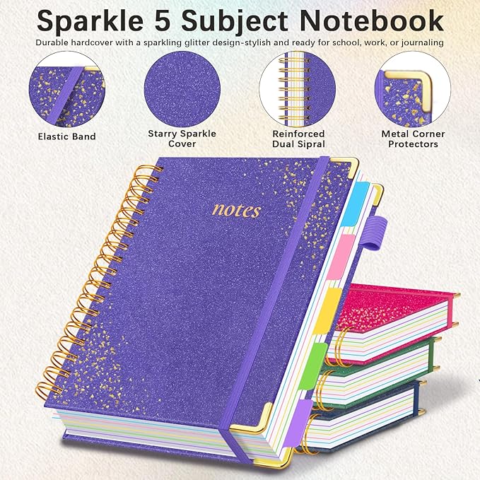 Hardcover Spiral Notebook with Removable Dividers & Tabs, 8"x10" 5 Subject Notebooks for Work, 300 Pages College Ruled Notebook, B5 Sparkle Lined Journal for Women Girls Note-Taking (Silver)